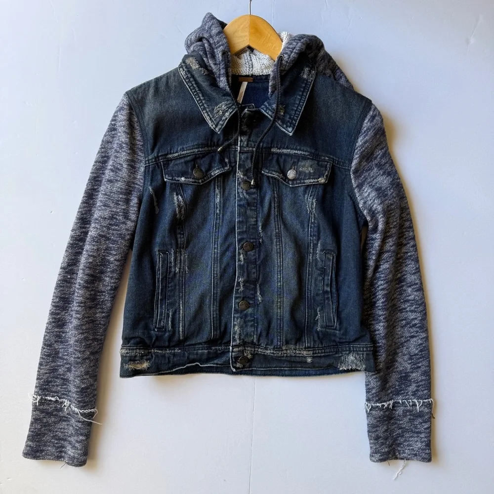 Free People Dark Denim Jean Jacket with Heathered Gray Knit Sleeves